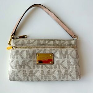 Michael Kors white and gray monogrammed wristlet wallet/clutch